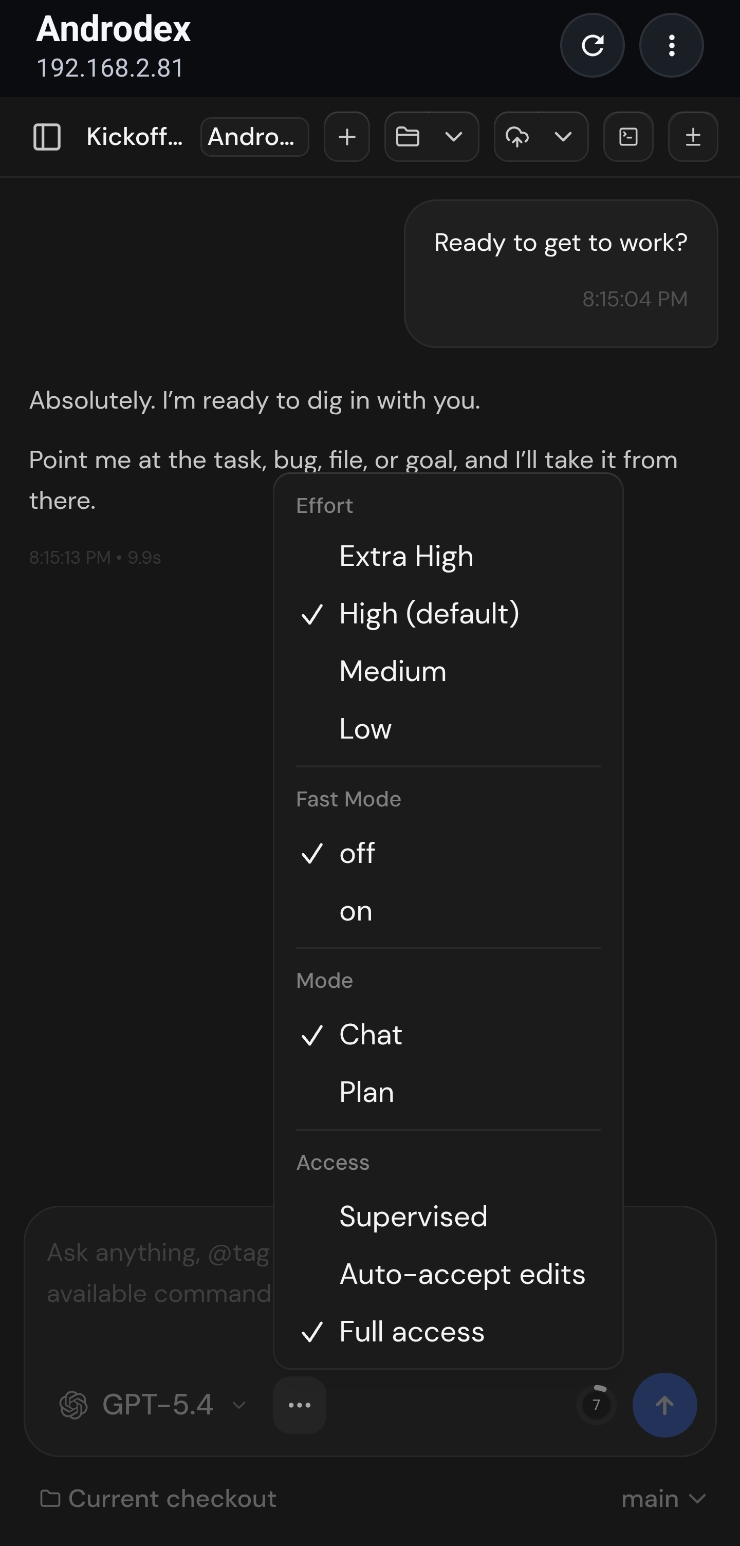 Androdex model options runtime screenshot